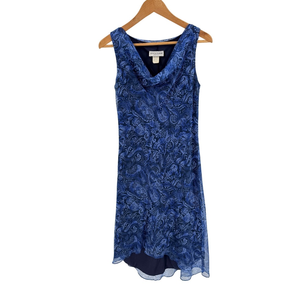 Alyn Paige Paisley Cowl Neck Midi Dress Blue 7/8 Vintage Y2K Made in USA